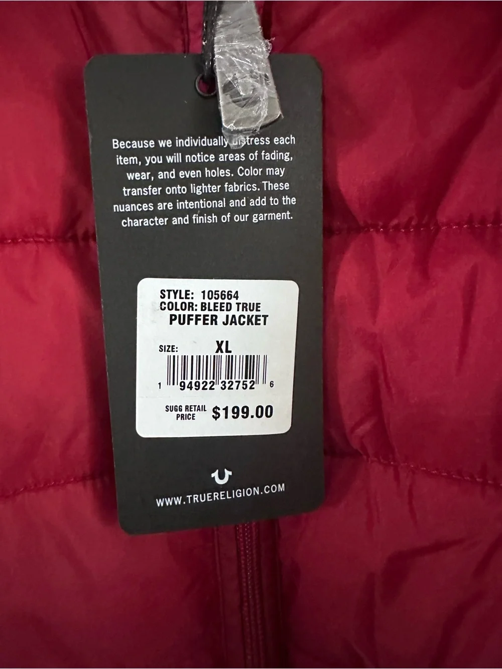 New True Religion Bleed True Logo Puffer Jacket Coat Mens XLarge Red $199 105664